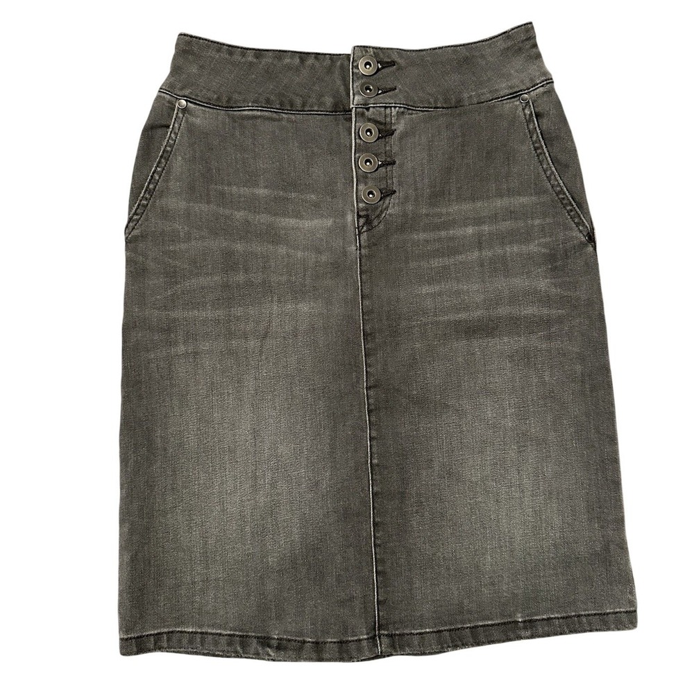 prAna Denim Pencil Skirt Women's 0 Charcoal Gray Button Fly Stretch High Waist